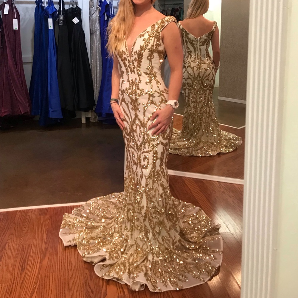 JOVANI white and gold dress